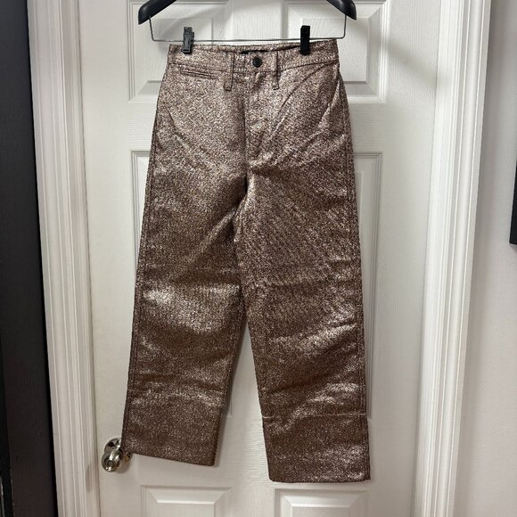 Madewell Slim Emmett Wide-Leg Crop Pants in Gold lurex jacquard Metallic size 24 - Picture 1 of 16